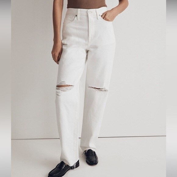 *One Day Sale* Madewell NWT Petite Baggy Straight Jeans Size 26P White High Rise - Picture 1 of 9